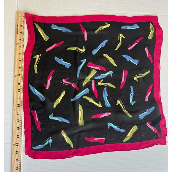 Coach 100% Silk Scarf with Bright Color Shoes Black Background with Red Frame - Picture 4 of 7